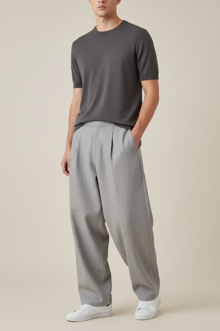 Pantalon Baggy Gris Ample Plissé Décontracté - Gabardine