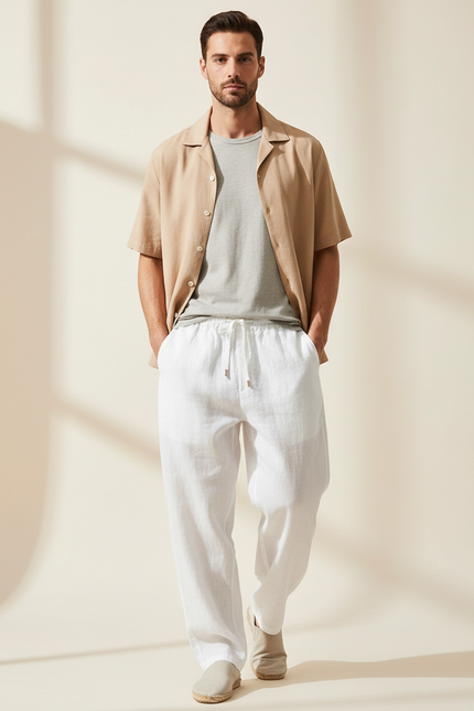 Pantalon Baggy Blanc Lin Ample Décontracté Cordon Homme