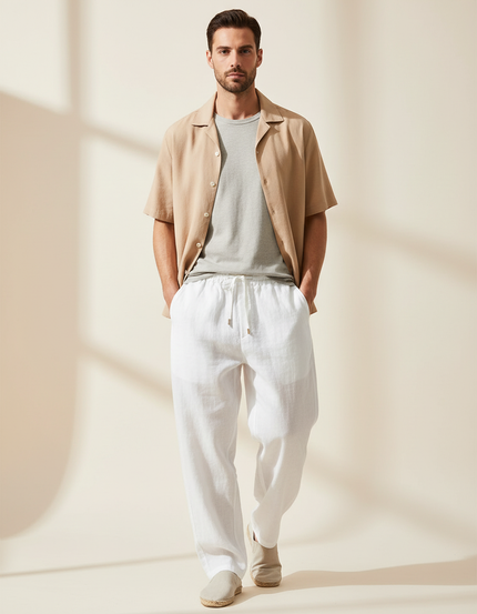 Pantalon Baggy Blanc Lin Ample Décontracté Cordon Homme