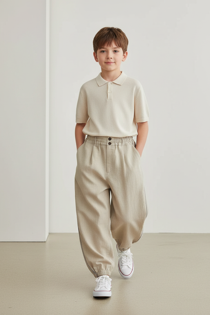 Pantalon Baggy Beige Ample Décontracté Enfant - Lin