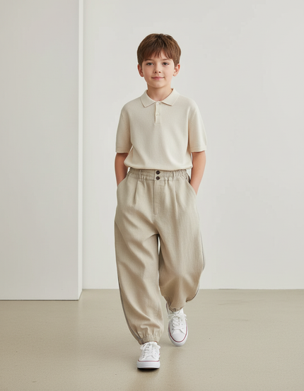 Pantalon Baggy Beige Ample Décontracté Enfant - Lin