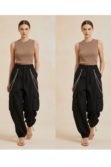 Pantalon Baggy Noir Cargo Chaînes Ample Femme - Toile