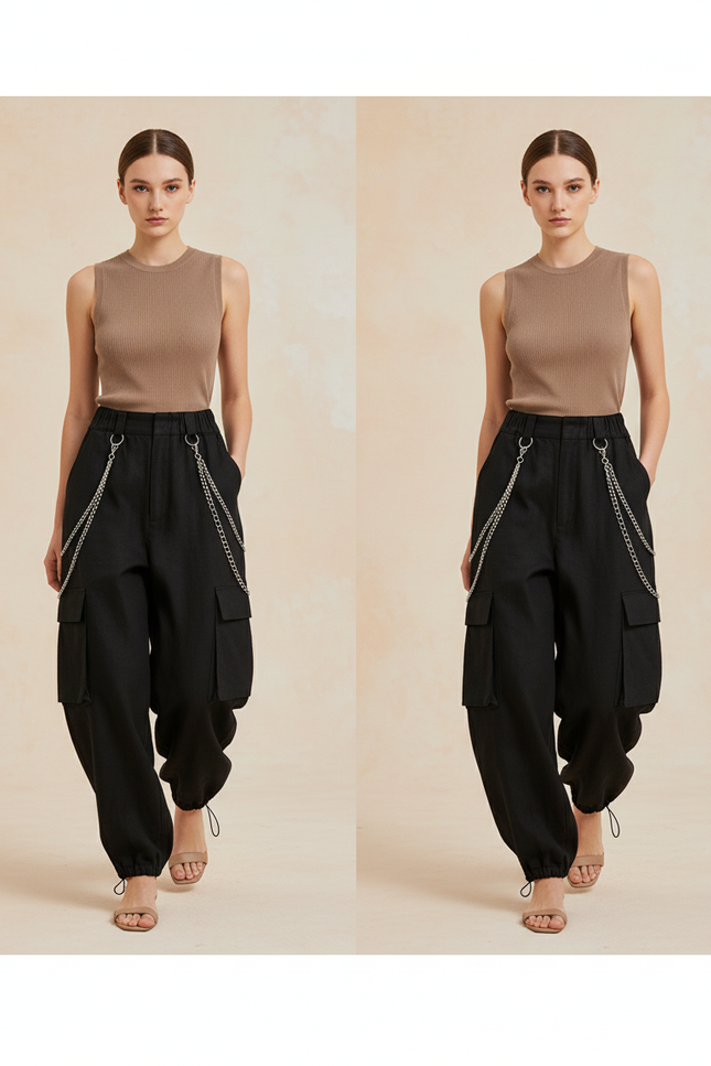 Pantalon Baggy Noir Cargo Chaînes Ample Femme - Toile
