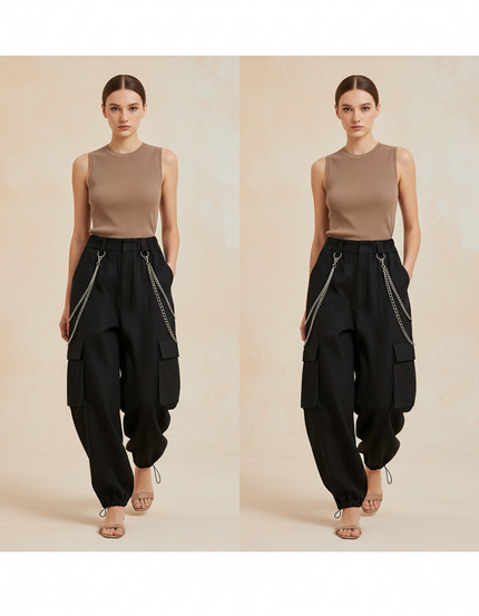 Pantalon Baggy Noir Cargo Chaînes Ample Femme - Toile