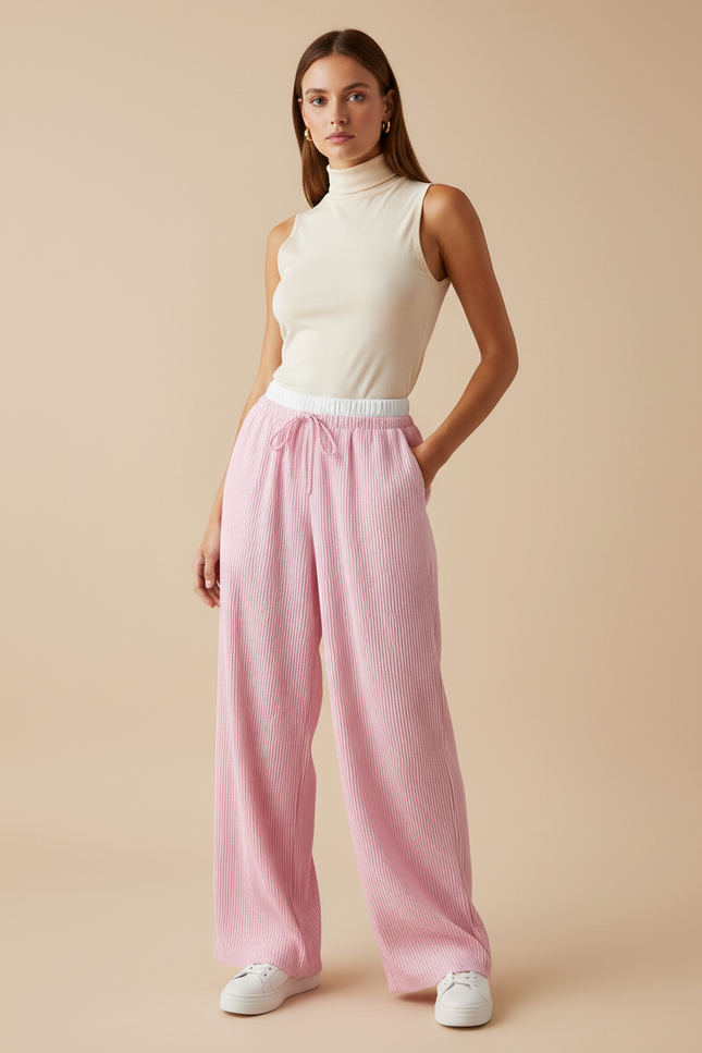 Pantalon Baggy Rose Plissé Fluide Décontracté Femme - Maille