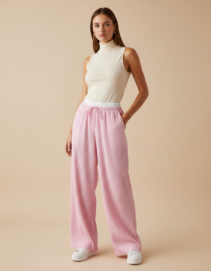 Pantalon Baggy Rose Plissé Fluide Décontracté Femme - Maille