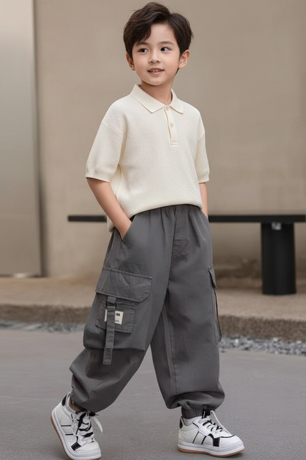 Pantalon Baggy Cargo Gris Ample Décontracté Garçon - Toile