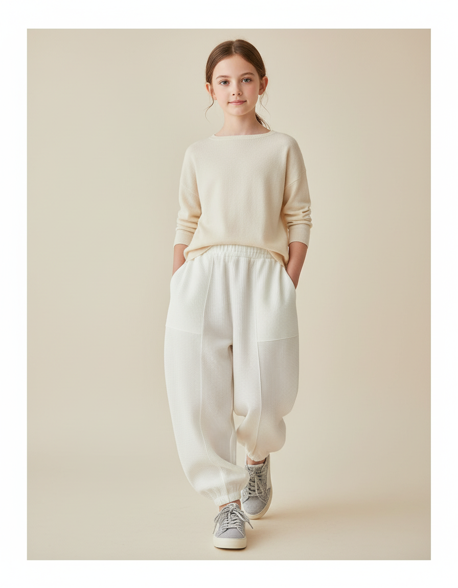 Pantalon Baggy Blanc Casse Ample Texturé Confortable - Maille