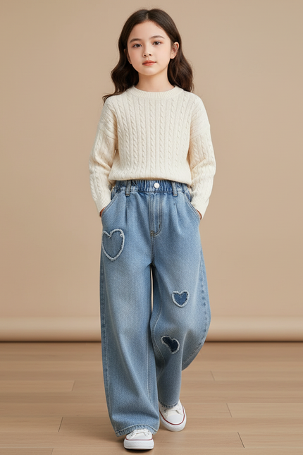 Pantalon Baggy Denim Cœurs Ample Fille Décontracté - Bleu Jean