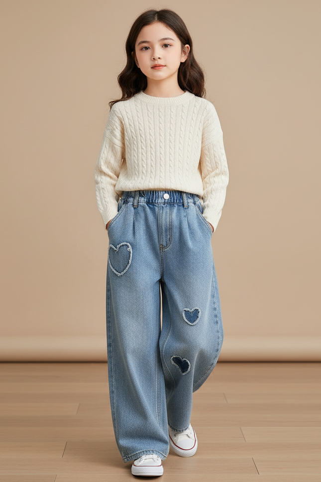 Pantalon Baggy Denim Cœurs Ample Fille Décontracté - Bleu Jean