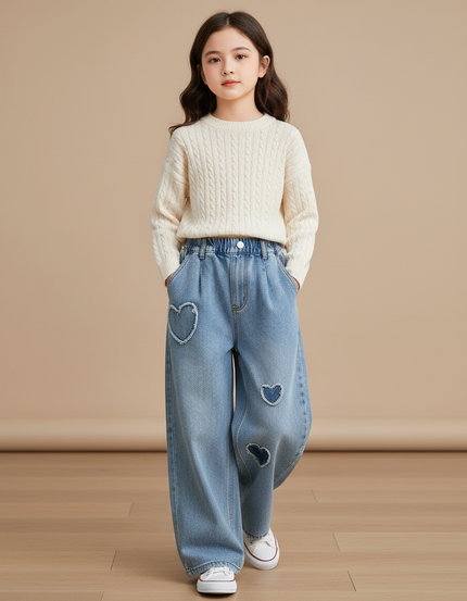 Pantalon Baggy Denim Cœurs Ample Fille Décontracté - Bleu Jean