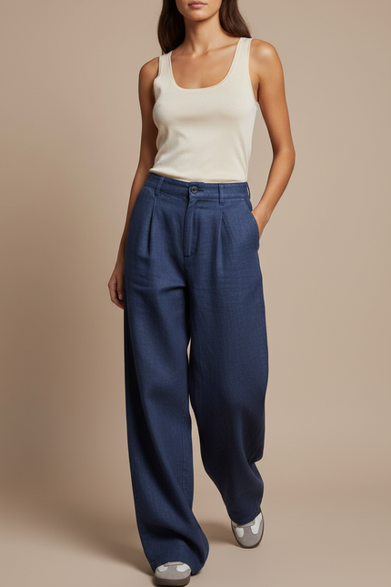 Pantalon Baggy Bleu Marine Ample Plissé Femme Décontracté - Lin