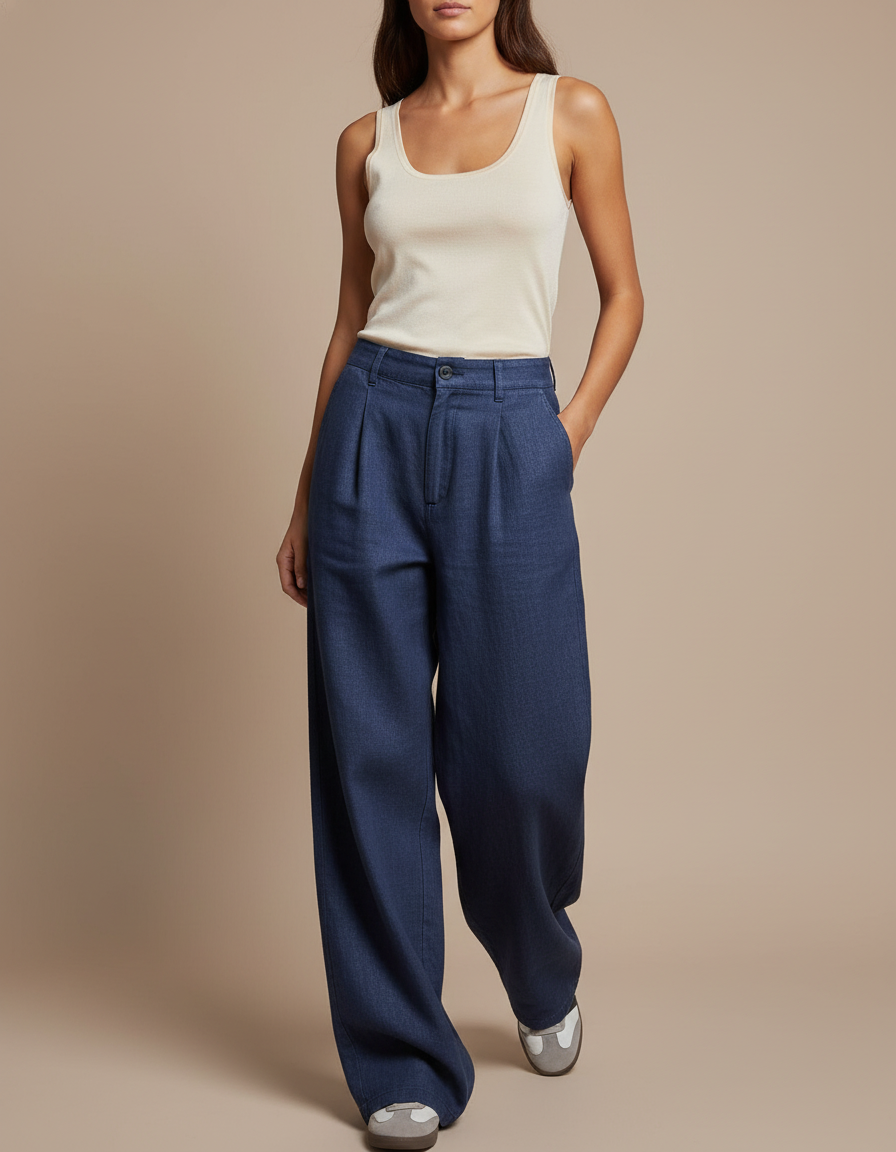 Pantalon Baggy Bleu Marine Ample Plissé Femme Décontracté - Lin
