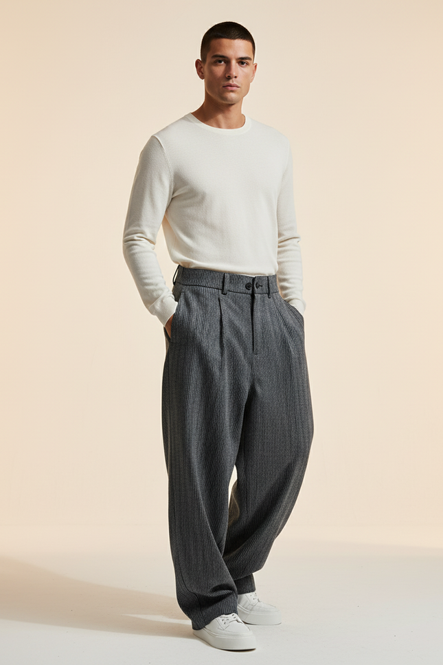 Pantalon Baggy Gris Rayé Ample Plissé Laine Homme