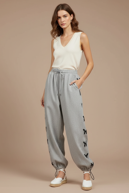 Pantalon Baggy Gris Papillons Cordon Décontracté Femme - Molleton