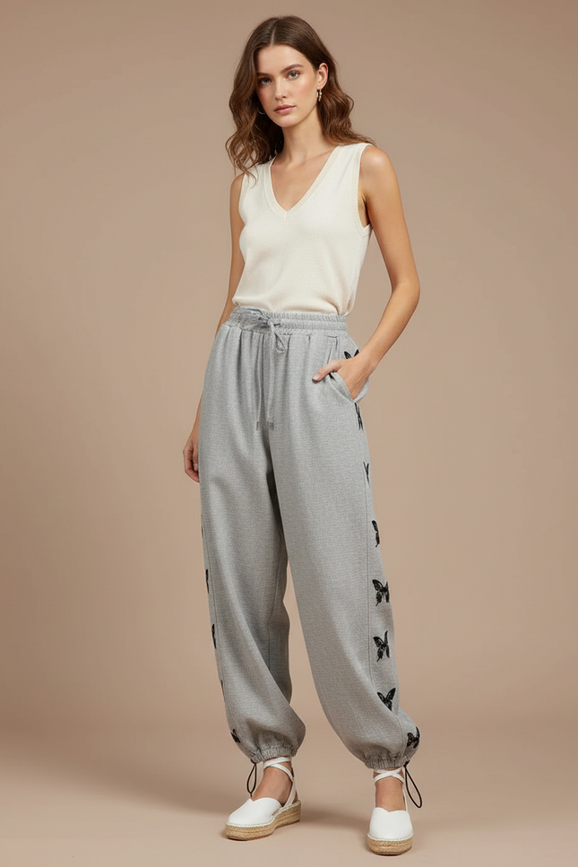 Pantalon Baggy Gris Papillons Cordon Décontracté Femme - Molleton