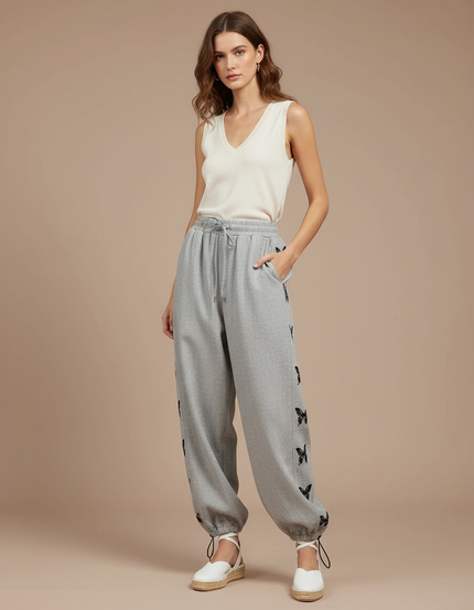 Pantalon Baggy Gris Papillons Cordon Décontracté Femme - Molleton