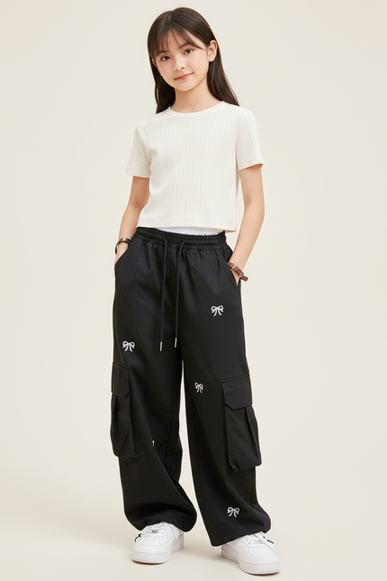 Pantalon Baggy Noir Cargo Nœuds Blancs Streetwear - Polyester