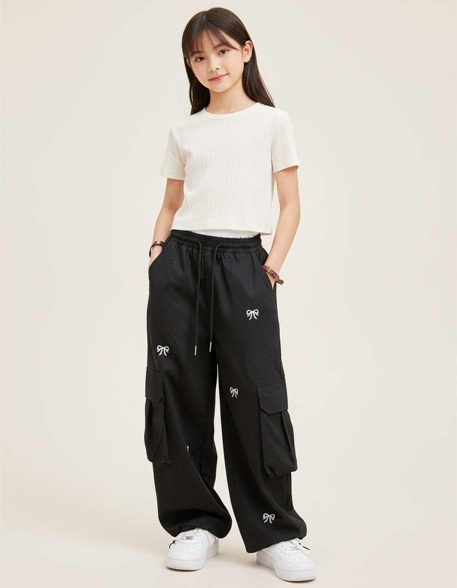 Pantalon Baggy Noir Cargo Nœuds Blancs Streetwear - Polyester