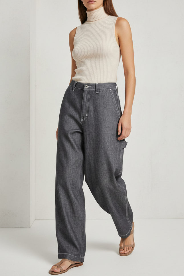 Pantalon Baggy Gris Denim Ample Coutures Blanches Décontracté - Jean