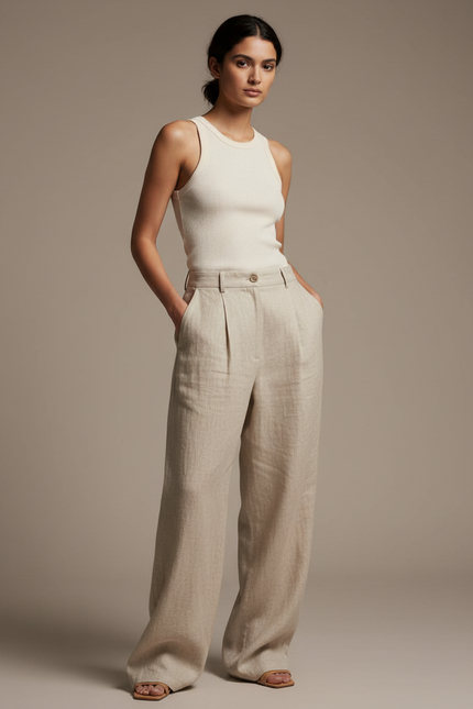 Pantalon Baggy Lin Beige Plissé Ample Femme