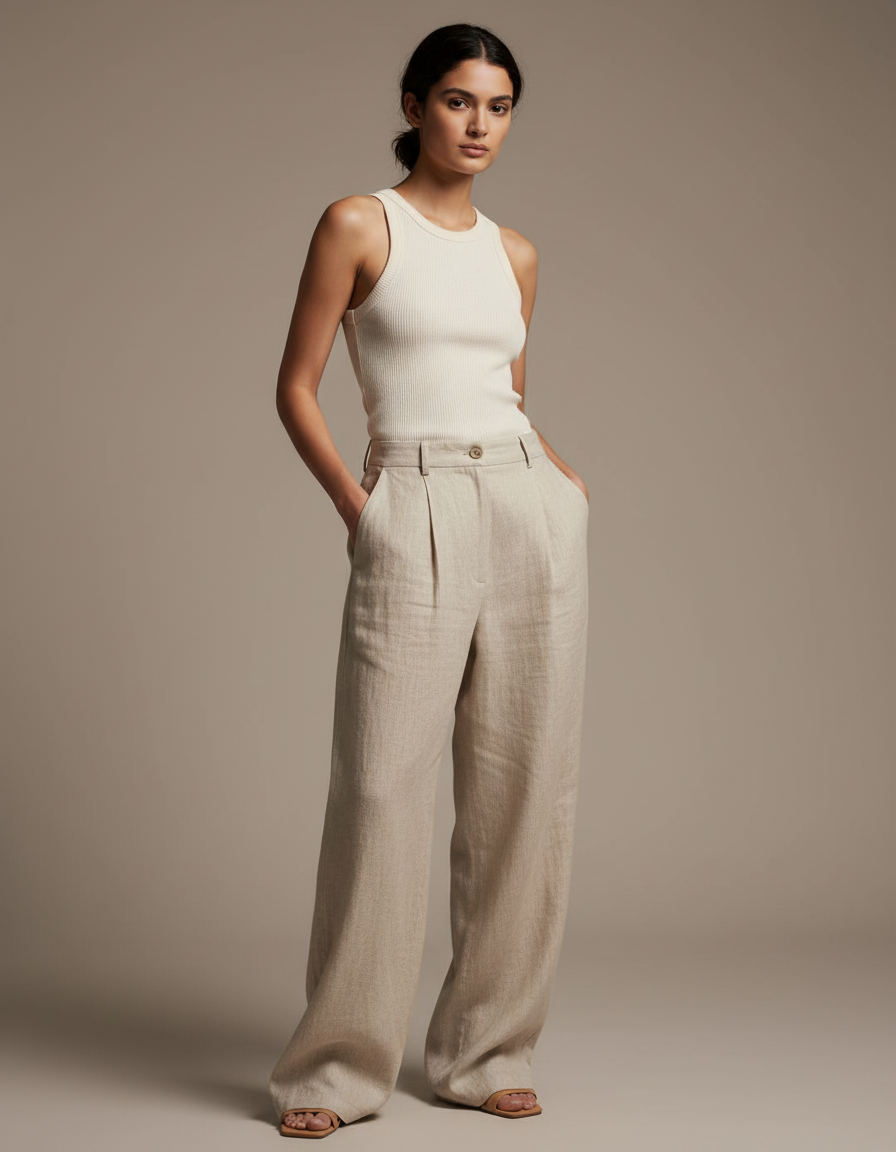 Pantalon Baggy Lin Beige Plissé Ample Femme