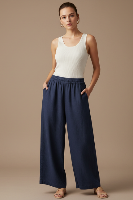 Pantalon Baggy Bleu Marine Lin Ample Fluide Décontracté