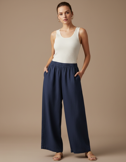 Pantalon Baggy Bleu Marine Lin Ample Fluide Décontracté