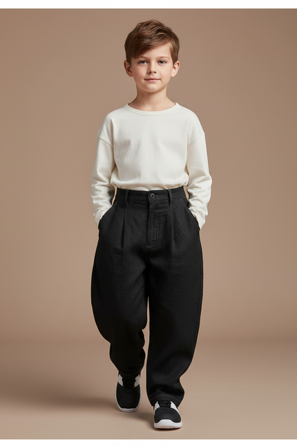 Pantalon Baggy Noir Ample Coton Plissé Enfant
