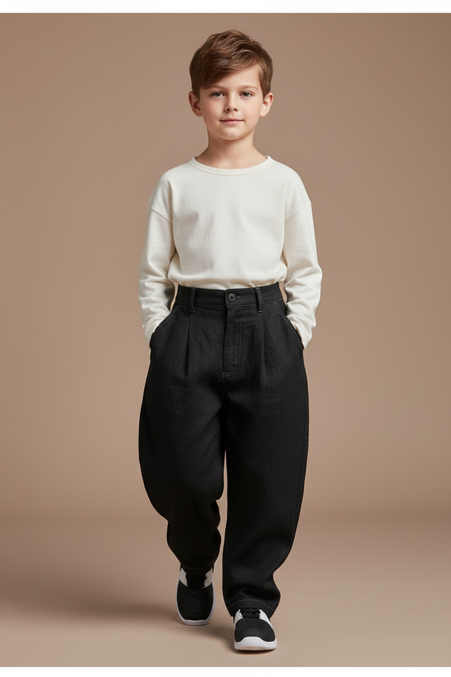 Pantalon Baggy Noir Ample Coton Plissé Enfant