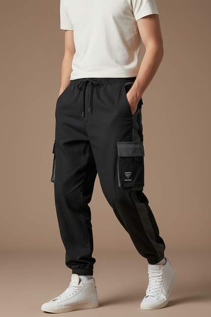 Pantalon Baggy Noir Cargo Cordon Décontracté Homme - Toile