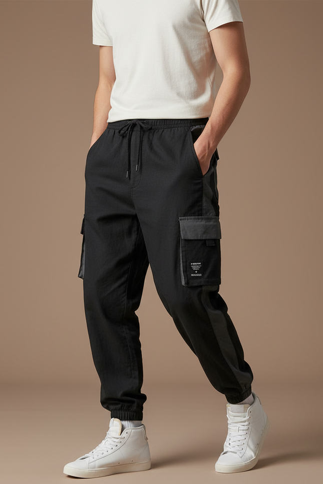 Pantalon Baggy Noir Cargo Cordon Décontracté Homme - Toile