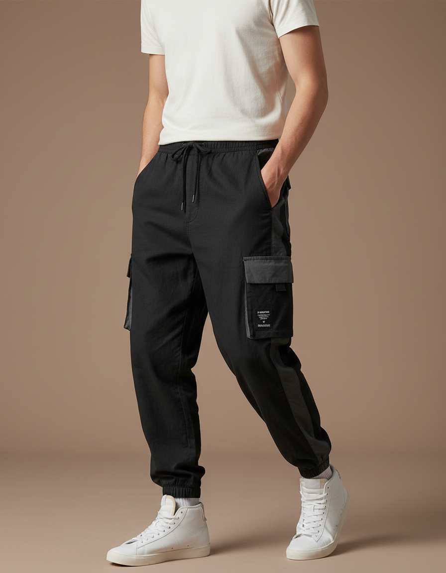 Pantalon Baggy Noir Cargo Cordon Décontracté Homme - Toile