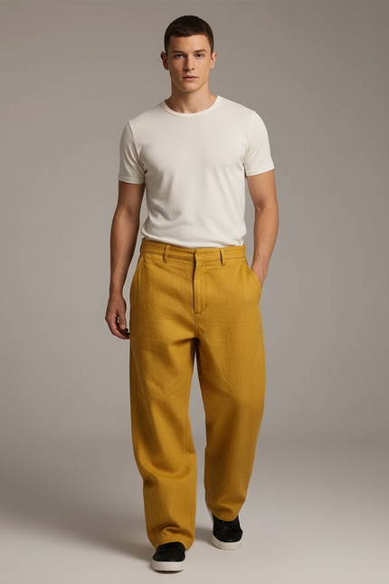 Pantalon Baggy Jaune Moutarde Ample Lin Homme Décontracté
