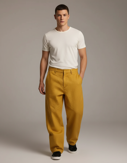 Pantalon Baggy Jaune Moutarde Ample Lin Homme Décontracté