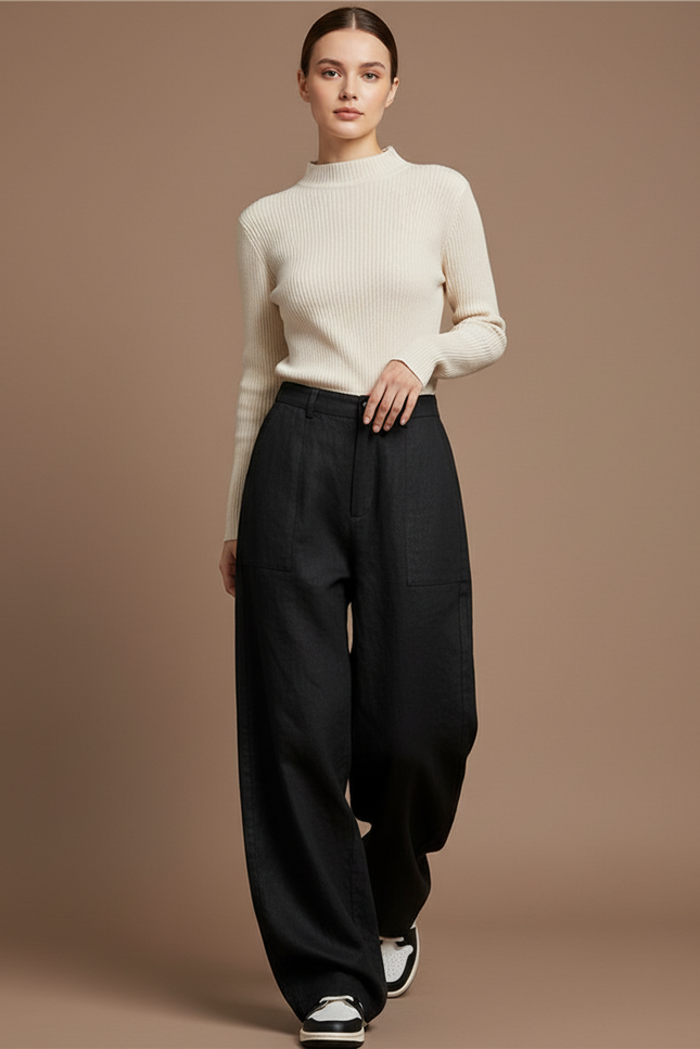 Pantalon Baggy Noir Ample Taille Haute Décontracté - Lin