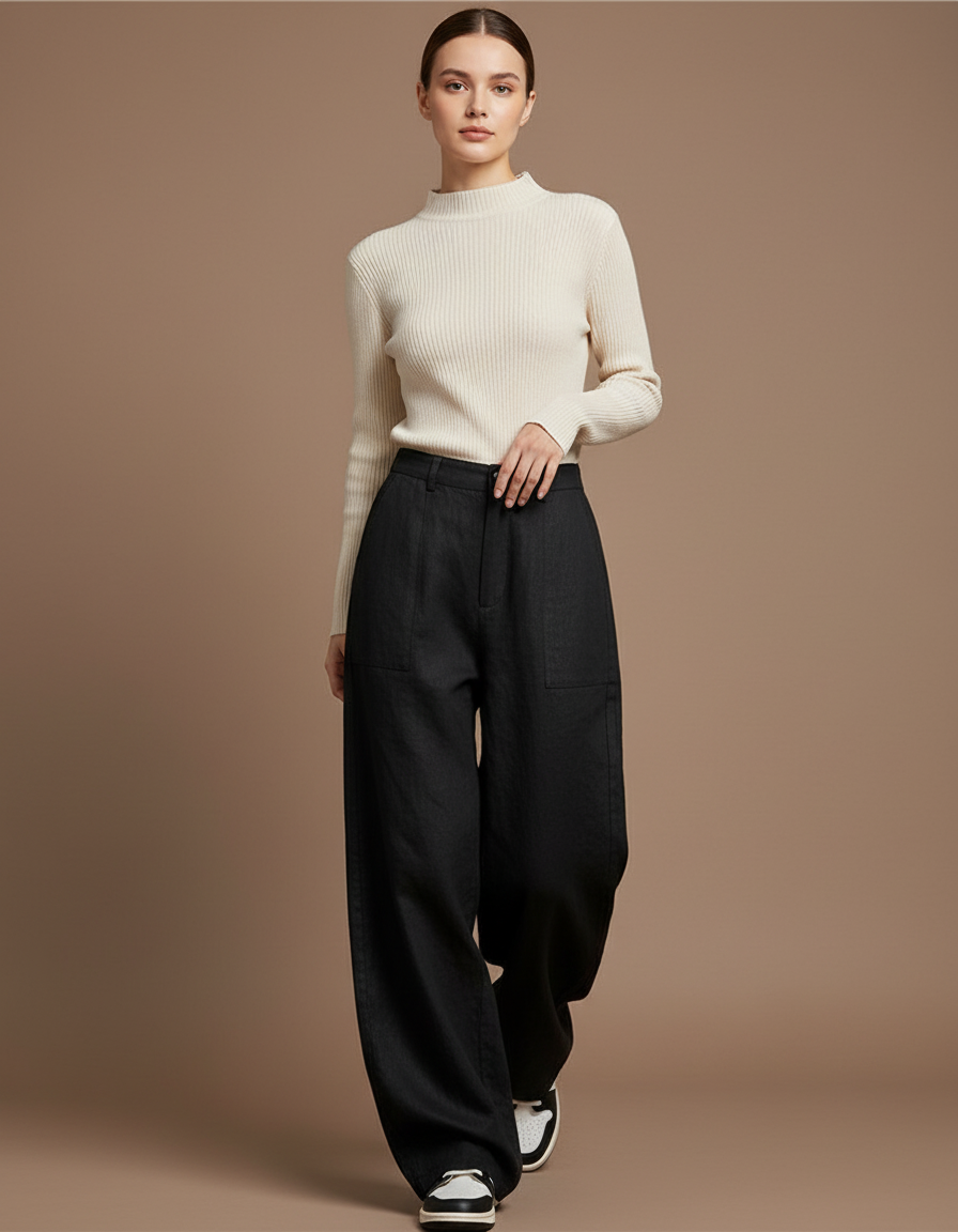 Pantalon Baggy Noir Ample Taille Haute Décontracté - Lin