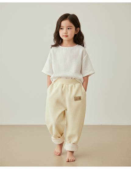 Pantalon Baggy Beige Côtelé Doublé Chaud Enfant - Cordé