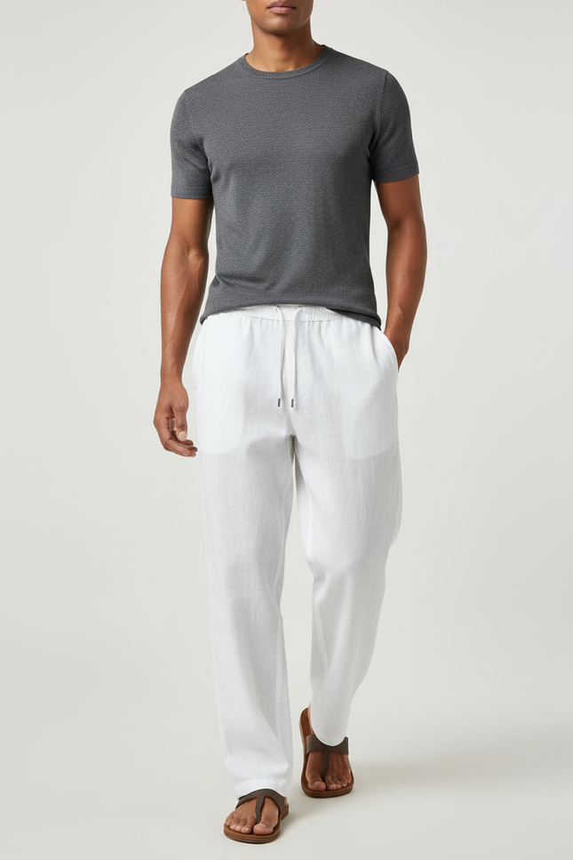 Pantalon Baggy Blanc Lin Ample Léger Décontracté Homme