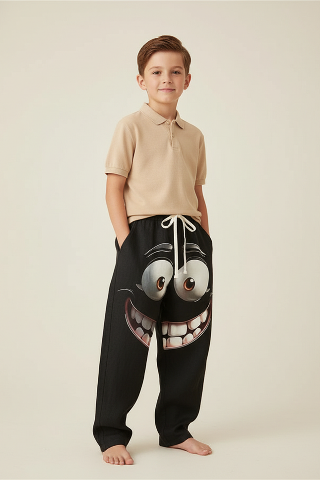 Pantalon Baggy Noir Ample Visage Souriant Enfant - Coton