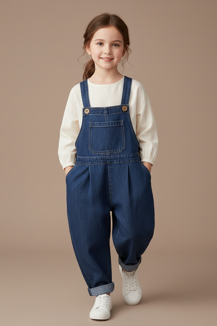 Pantalon Baggy Denim Bleu Plissé Bretelles Enfant Fille - Jean