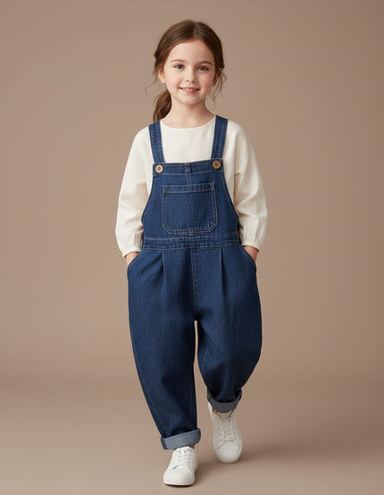 Pantalon Baggy Denim Bleu Plissé Bretelles Enfant Fille - Jean