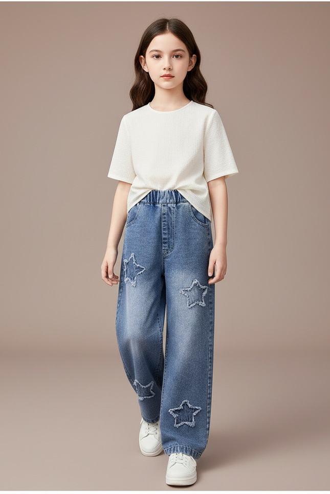 Pantalon Baggy Denim Étoiles Ample Fille Décontracté - Bleu Jean
