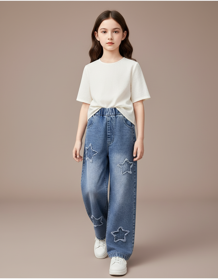 Pantalon Baggy Denim Étoiles Ample Fille Décontracté - Bleu Jean