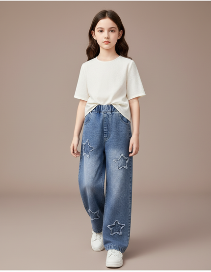 Pantalon Baggy Denim Étoiles Ample Fille Décontracté - Bleu Jean
