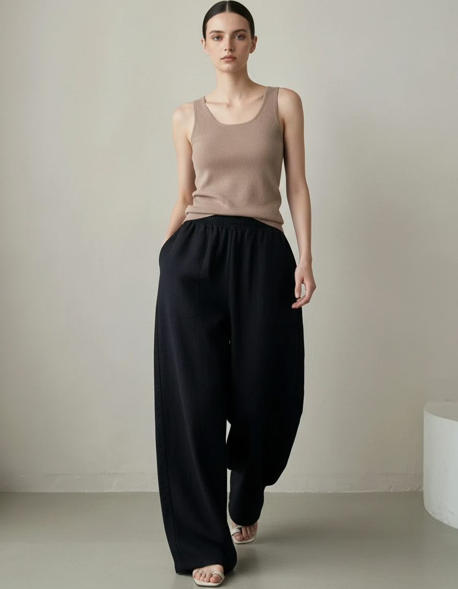 Pantalon Baggy Noir Ample Taille Élastique Confortable - Molleton