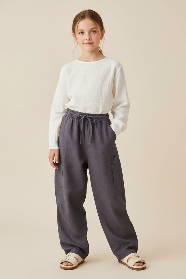Pantalon Baggy Gris Lin Ample Décontracté Fille