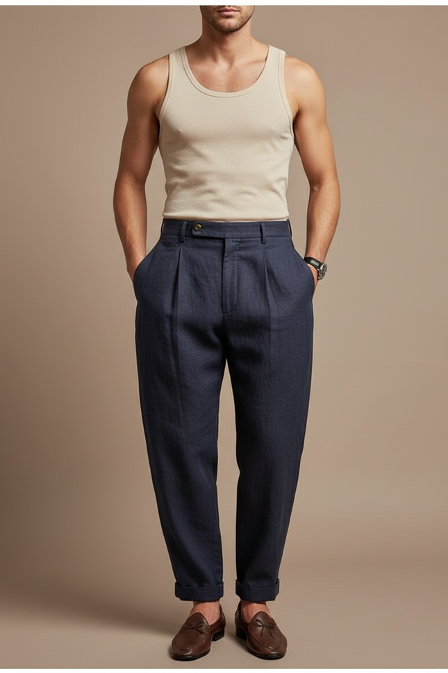 Pantalon Baggy Bleu Marine Lin Plissé Homme Chic