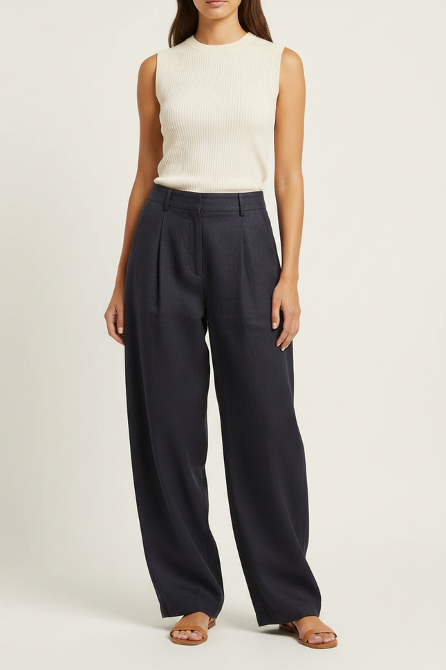 Pantalon Baggy Noir Plissé Ample Fluide Femme - Marine Lin