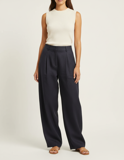Pantalon Baggy Noir Plissé Ample Fluide Femme - Marine Lin